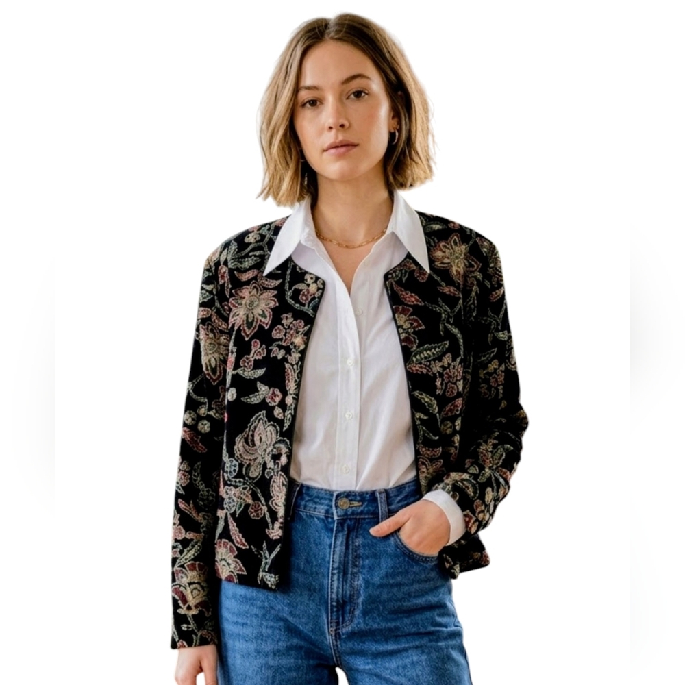 VTG Tapestry Style Textured Velvet Floral Jacket Cardigan Gold Flower Buttons